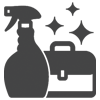 an icon of a spray bottle next to a briefcase with sparkles above it