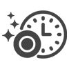 an icon of a clock with a circle next to it and sparkles surrounding the left