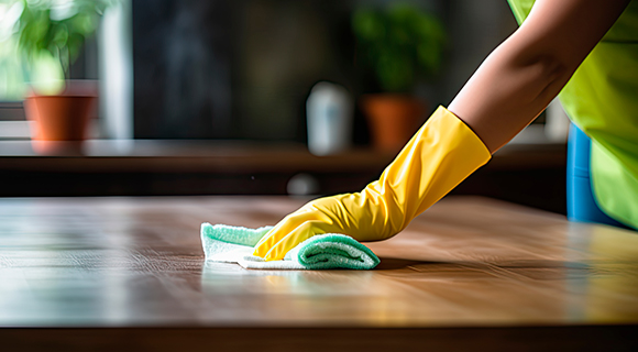 a person wearing a yellow glove wiping down a surface with a glove